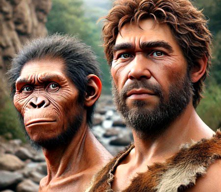 Here is a depiction of Homo Erectus and Neanderthal side by side,Based on their historical features.You can see their distinct physical characteristics from the prehistoric era.