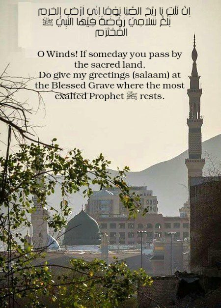 اِنْ نَلْتِ يَا رِيْحَ الصَّبَا يَوْمًا اِلٰي اَرْضِ الحَرم
 بَلِّغْ سَلاَمِيْ رَوْضَةً فِيْهَا النَّبِيُّ ﷺ المُحْتَرَم 
---__ _ __---
O Winds! If someday you pass by the sacred land,
Do give my greetings (salaam) at the Blessed Grave where the most exalted Prophet ﷺ rests
