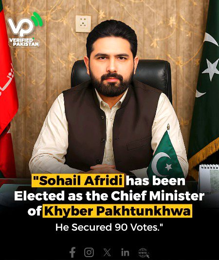 🚨🚨بریکنگ نیوز🚨🚨
 سہیل خان افریدی 90 ووٹ لے کر وزیراعلی خیبر پختون خواہ منتخب
🔥🔥🔥