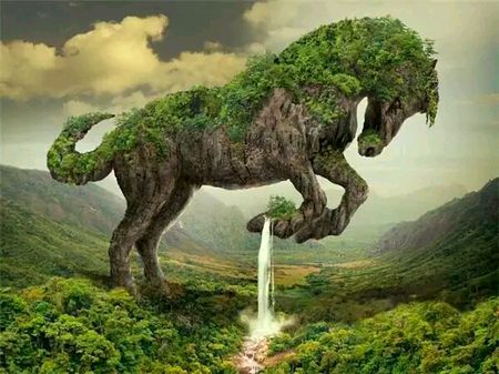 A stylized horse with hills and trees.