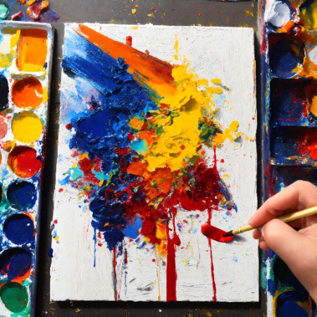 draw an abstract painting, mixing acrylics, palette knife and brush with primary colors, white background,