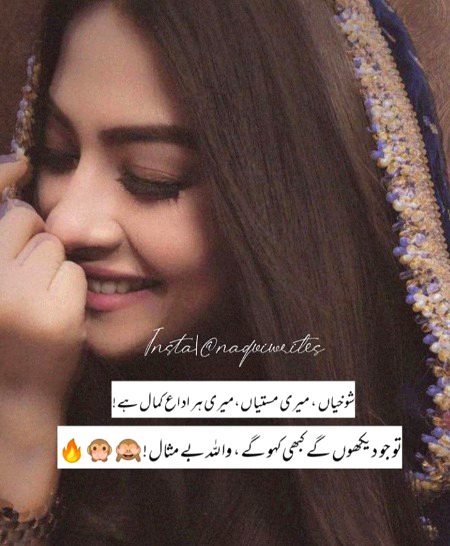 شوخیاں ، میری مستیاں ، میری ہر اداع کمال ہے !
تو جو دیکھوں گے کبھی کہو گے، واللہ بے مثال !