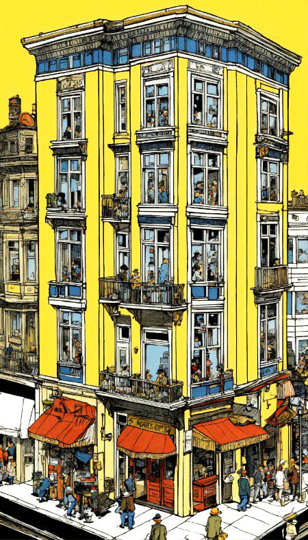 detailed pen and ink illustration of a building in San Francisco, by Herge, in the style of tin-tin comics, detailed coloring, detailed, lots of people, sunny day, busy neighborhood
