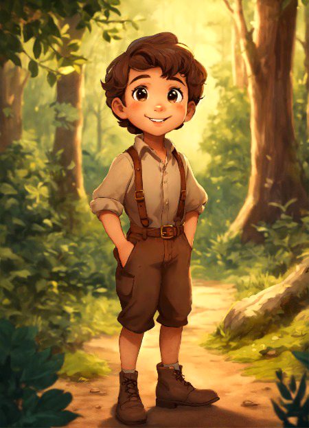 An adorable cartoon boy, full body portrait, missing two front teeth, brown hair, brown eyes, wearing in brown French country styled clothes in enchanted forest