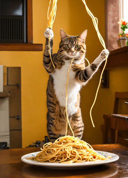 A cat standing on 2 legs, eating spaghetti