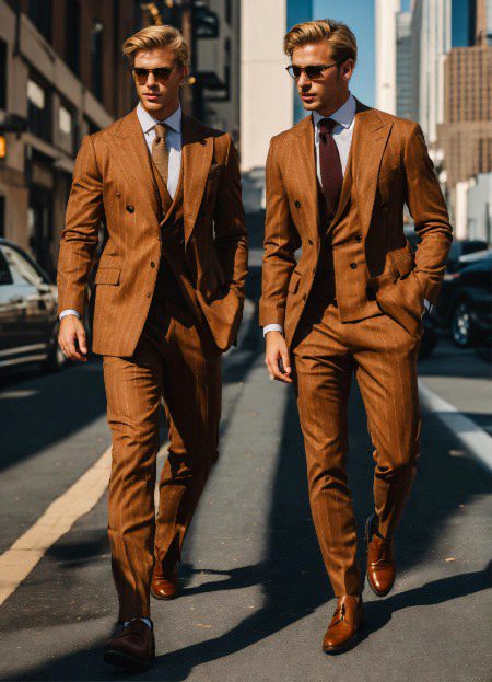 Two blonde young businessmen in pinstripe double breasted suit and brown monkstrap shoes