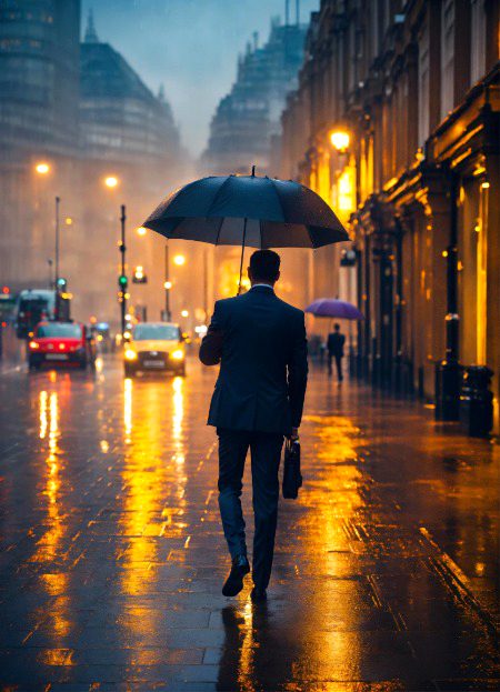 a professional businessman , london, rainy, ultra high definition,