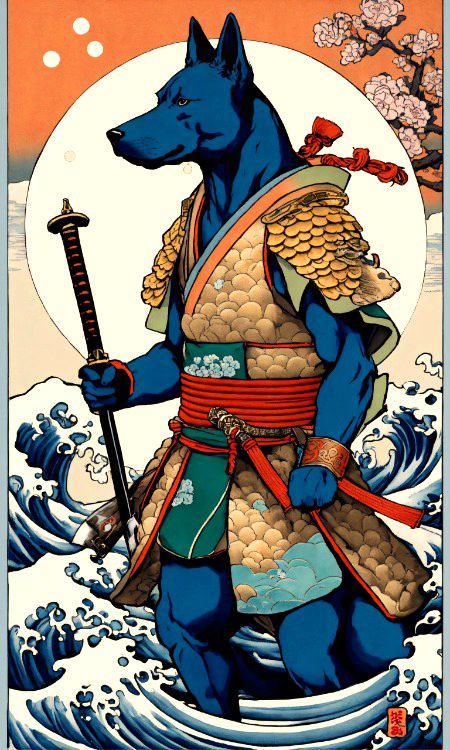 there is a dog with a fish and a sword on a white background, samurai dog, dog warrior, armored dog, anthropomorphic dog ninja, samurai deity with koi armor, by Kanō Tan'yū, highly detailed and colored, in the art style of ukiyo - e, inspired by Utagawa Kuniyoshi