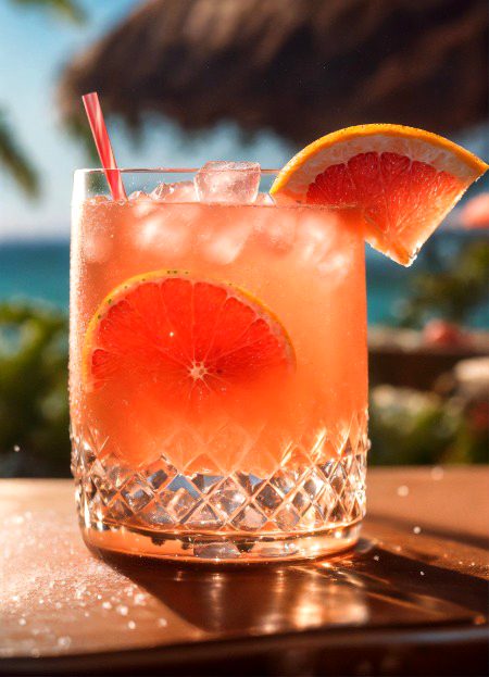 grapefruit juice cocktail, with ice cubes in the glass and a salt rim , Amazing photo, very realistic , Elegant and tasty, photography,