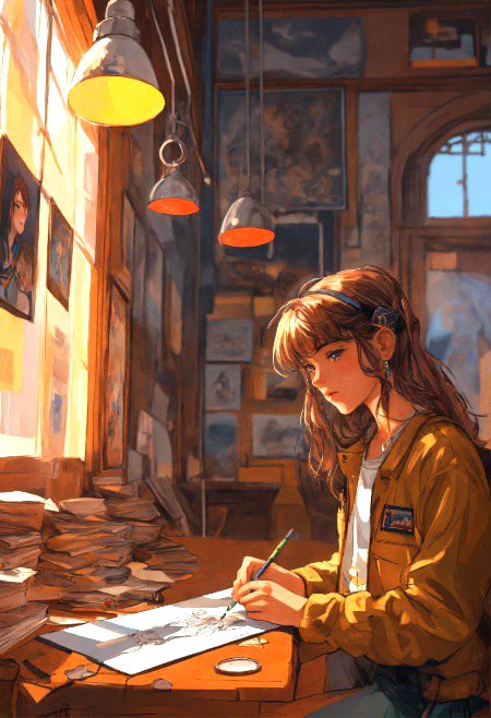 18-year-old  girl draws a picture and 18-year-old b boy draws a portrait of a girl. Vintage 90's anime style.