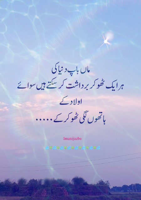 ماں باپ دنیا کی ہر ایک
ٹھوکریں برداشت کر سکتے ہیں 
سوائے اولاد کے لگی ہاتھوں ٹھوکرکے