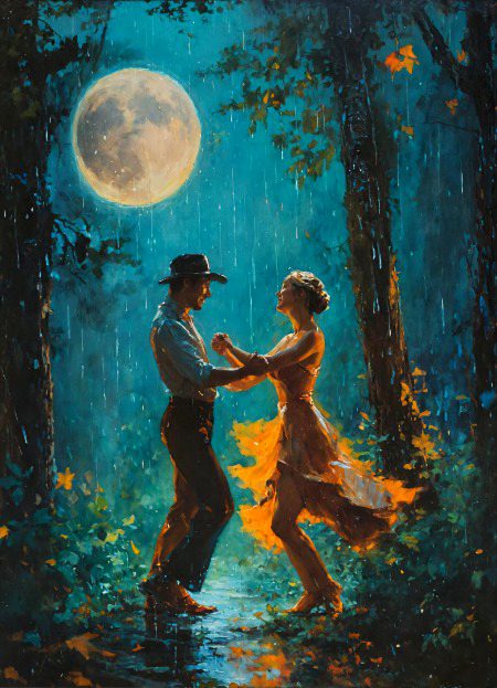 Couple dancing in a forest under the rain with a moon