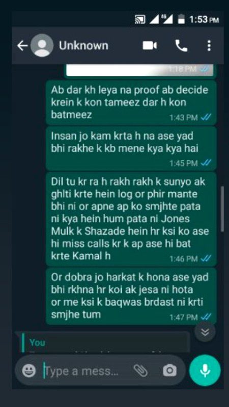 Ghlti khud krte hein log or mante bhi ni or smjhte apne apko pata ni kya hein jo hume larkiyan miss calls krein ge hum pata ni kya hein mene pocha kon tu irfan irfan k raat laga li jse me jnti hun sare Mulk k mardon ko or bola mene call ni k jb Mene kaha kya irfan irfan lagyi h tu bola tameez se bt krein mene call ni k mene phir call details mese proof dekha k achi izat k