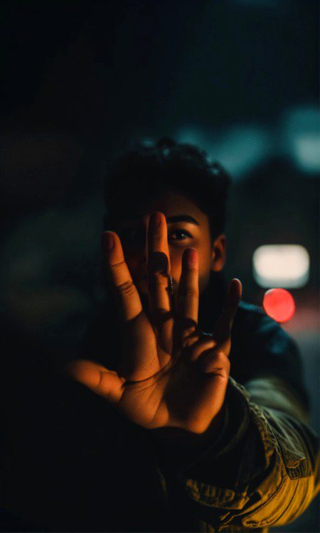 Closeup portrait picture against a black background of a blurry symbolic representation of fear with a sharp focus in the foreground on its open hand doing the Stop sign to the camera.