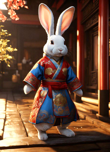 A rabbit in a Chinese coat, beautiful unreal engine