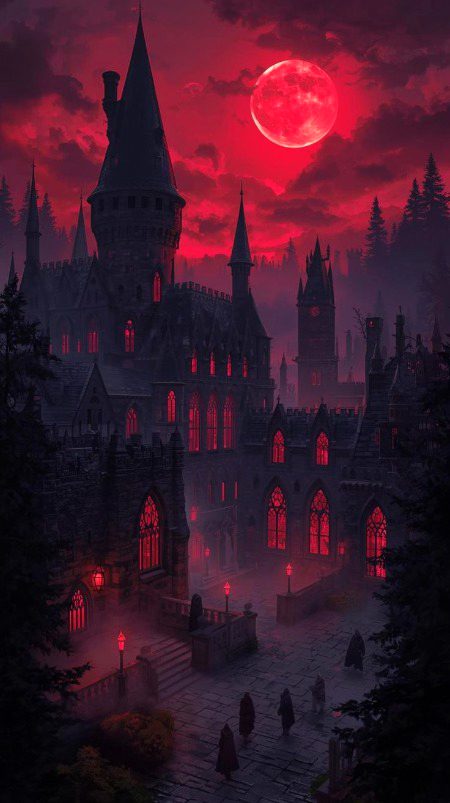 Gothic Palace under red moon.🌕.
