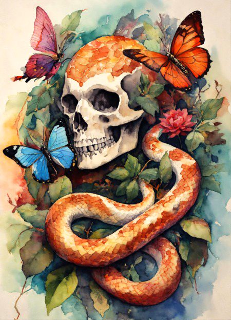 Snake head in the watercolor style of David Paul Seymour with skulls, moths, and vibrant hues.