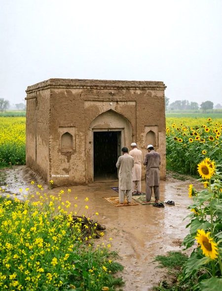 سرسوں اور سورج مکھی کے کھیتوں کے درمیان مٹی سے بنی ایک چھوٹی سی مسجد، اور اس کے سامنے بارش میں کھڑے نمازی—یہ منظر ایمان اور فطرت کے حسین ملاپ کی تصویر ہے۔ جہاں نہ چھت پکی ہے نہ فرش، مگر سجدے خالص ہیں اور دل مطمئن۔ یہی گاؤں کی اصل روح ہے۔