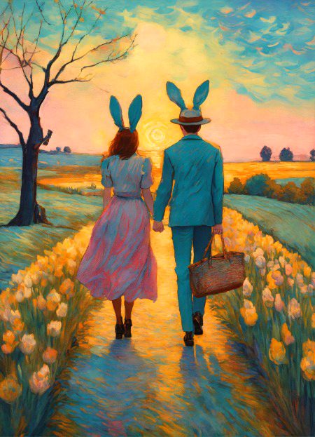 I want you ti create a romantic couple or rabbits on the mood and in van gogh style and pastel colors Fantasy
