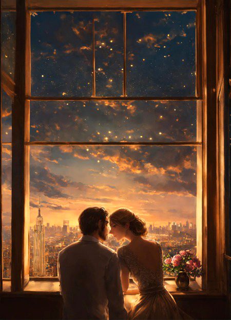 a man and a woman sitting in front of a window, in love