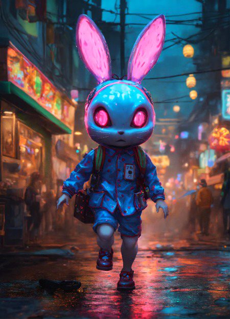 running creepy  little  japanese alien  anime   alice in wonderland  whit bunny ears , whit a molotov cocktail in hand   , l, detailed scene,black, perfect face, intricately detailed photorealism, trending on artstation, neon lights, rainy night, stunning full body anime art    by Mark Ryden