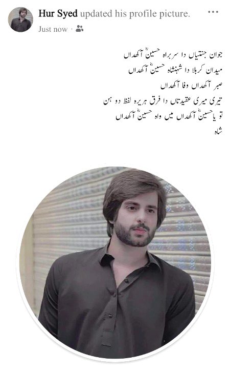 جوان جنتیاں دا سربراہ حسینؓ آکھداں
میدان کربلا دا شہنشاہ حسینؓ آکھداں
صبر آکھداں وفا آکھداں
تیری میری عقیدتاں دا فرق ہریرہ لفظ دو ہن
تو یاحسینؓ آکھداں میں واہ حسینؓ آکھداں
شاہ