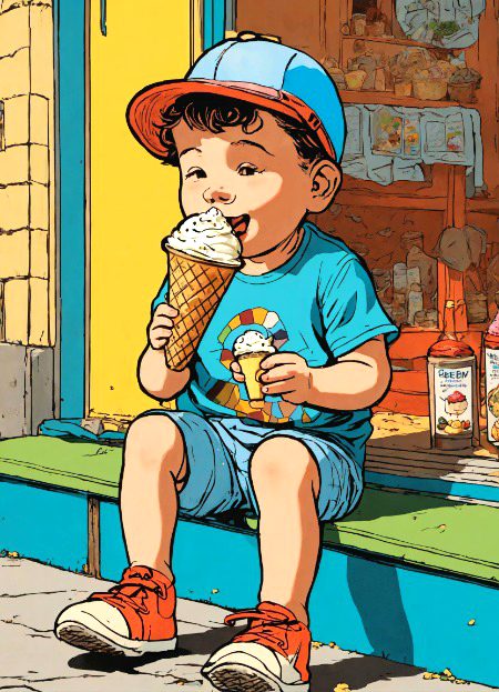 detailed, vibrant illustration of a little boy eating an ice cream cone, by Herge, in the style of Tin-Tin comics, vibrant colors, detailed, sunny day, attention to detail, 8k