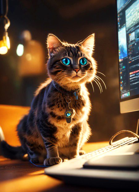 Hacking cat with computer . Real photo