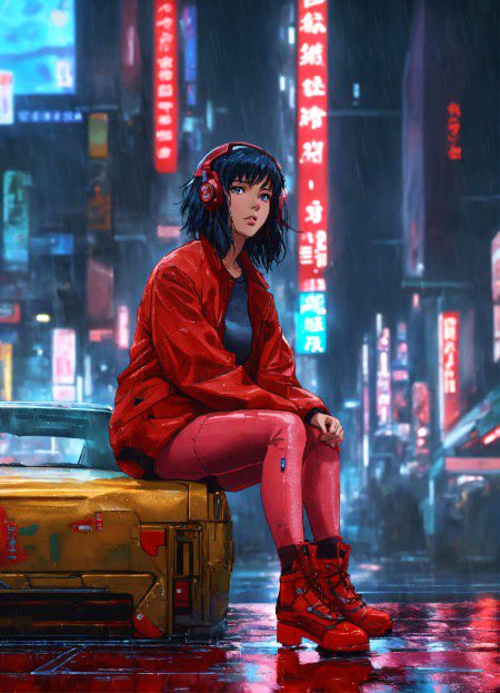 Anime art of ghost in the Shell, detailed scene, red, perfect face, intricately detailed photorealism, trending on artstation, neon lights, rainy day, ray-traced environment, vintage 90's anime artwork.
