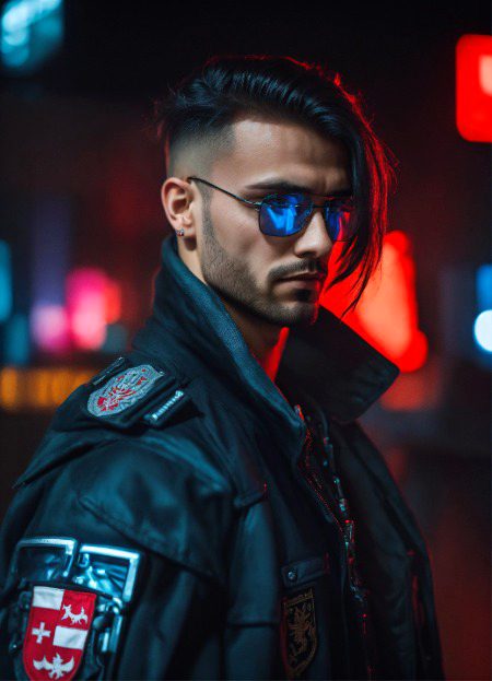 cyberpunk style, cute nice man on cyberpunk, cyberpunk style, cyberpank city, add coat of arms poland, black background, blue eyes, with Poland Flag, black hair, long hair