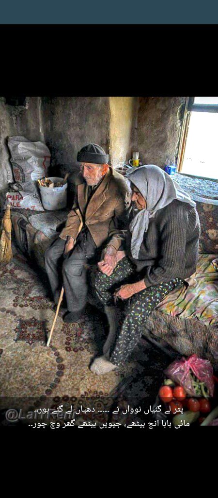 پتر لے گئیاں نوواں تے ۔۔۔۔۔ دھیاں لے گئے ہور،،
مائی بابا انج بیٹھے، جیویں بیٹھے گھر وچ چور۔۔