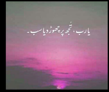 اے میرے رب تجھ پہ چھوڑ دیا سب ہمیں یقین ہے آپ کی زات ہماری آس امید کو بکھرنے نہیں دے گی ہم سے جڑے سب لوگوں کا حوصلہ بنائے رکھنا ان کی امیدوں کو ٹوٹنے مت دینا انھیں صبر دینا باقی میں تیری رضا میں راضی ہوں 🤲🏻