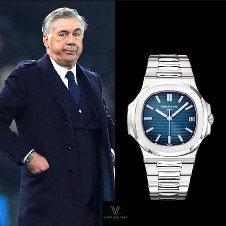 Carlo Ancelotti, Real Madrid coach and
manager who got the pass to the next UEFA Champions League final last night by beating Pep Guardiola's Manchester City, wears the discontinued Patek Philippe Nautilus 5711/1A in stainless steel with blue dial. It features the iconic horizontal embossed dial fitted on a stainless steel case and bracelet. Called out of production at the beginning of 2021, the market price of this piece have
been skyrocketing reaching $160,000.00.