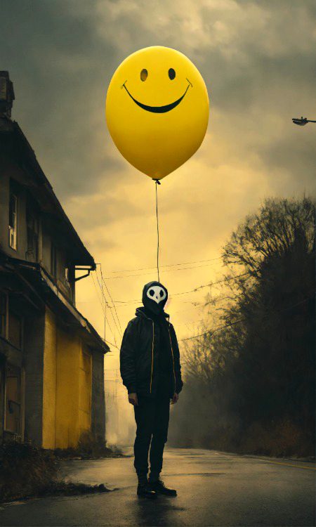 dark aesthetic, A creepy man standing on the otherside of the road in a yellow mask with a huge smile, holding a yellow balloon, scary, eerie