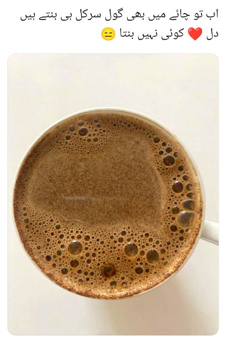اب تو چائے میں بھی گول سرکل ہی بنتے ہیں دل ❤️ کوئی نہیں بنتا 😑