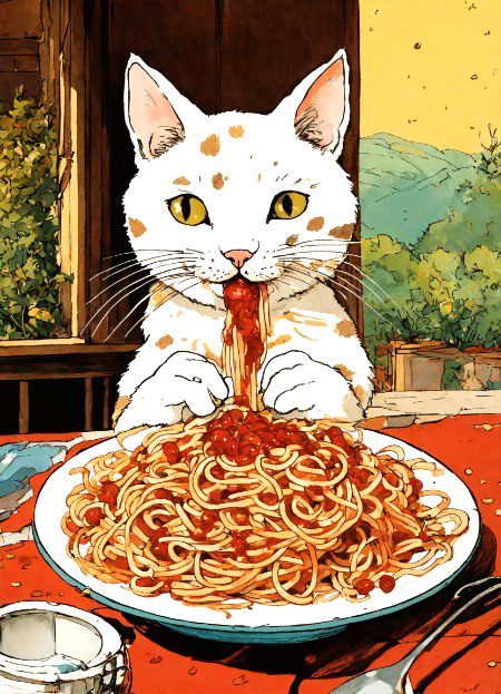 A cute white with brown spots cat eating messy spaghetti with tomato sauce, illustration by Hergé, stunning color scheme, masterpiece