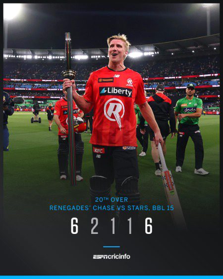 With 13 needed off the final over, Will Sutherland hit two sixes off Marcus Stoinis to win the Melbourne Derby for the Renegades
