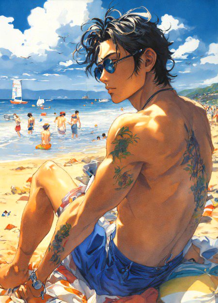 A man at the beach, a detailed painting by Hirohiko Araki