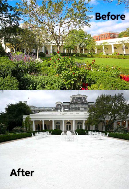 The White House rose garden before and after Trump took office. 😢