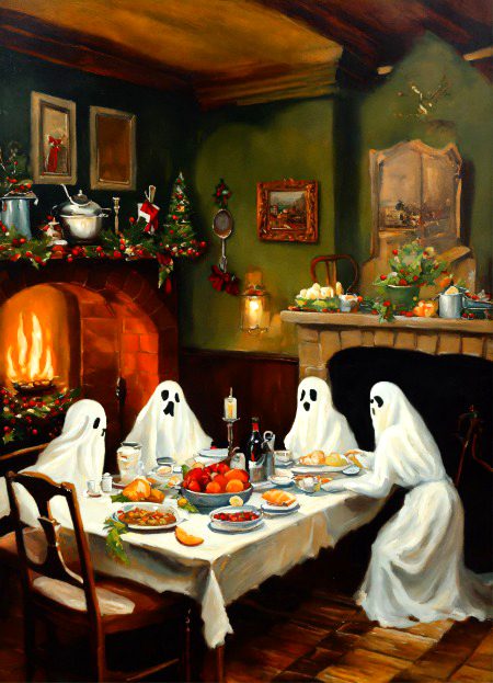 ghosts in a vintage kitchen enjoying their Christmas meals oil painting