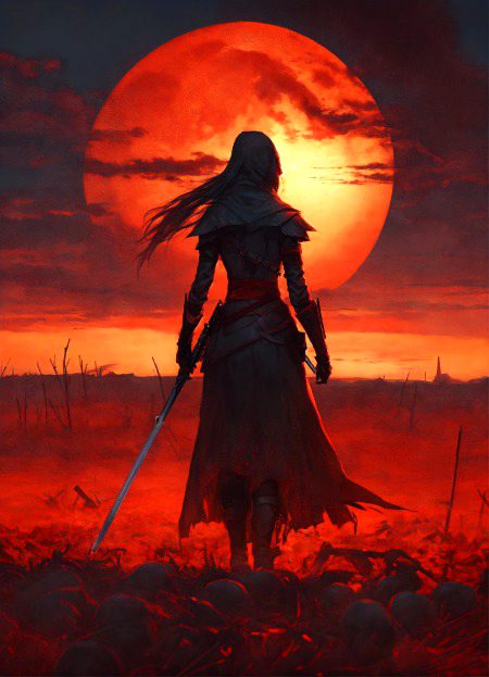 Back view of an assassin woman on a batte field covered by corpses. The sky is colored by a red sun set.